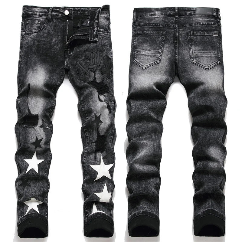 Men’s Slim Fit Black Jeans – Elastic Cotton with Embroidered Leather Label and Ripped Star Design