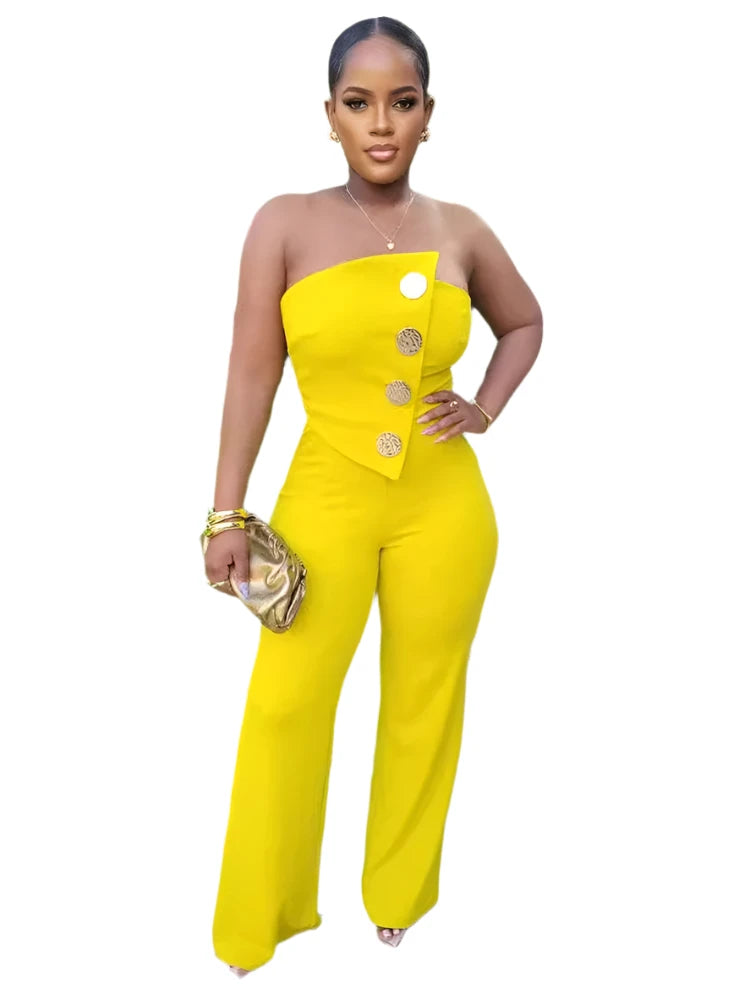 Sexy Strapless Yellow Wide-Leg Jumpsuit - Button-Down Stretch Romper for Women, Birthday & Streetwear Style