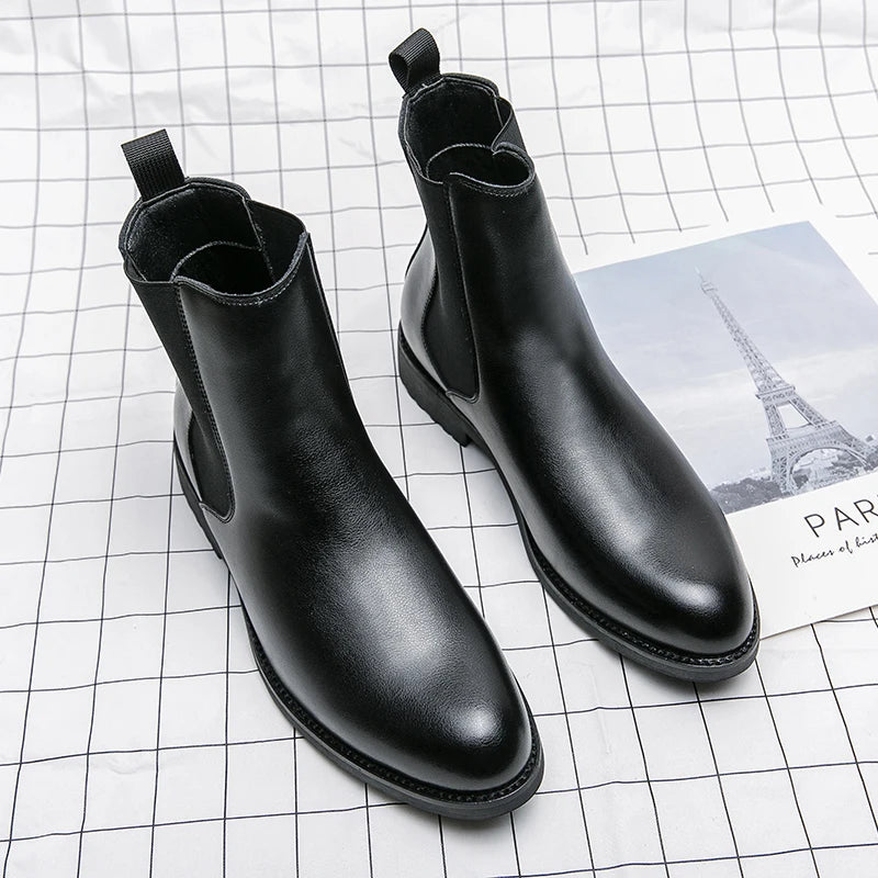 Men's British Style Chelsea Boots - Mid-Calf Dress Shoes, Formal Business Ankle Boots in Split Leather for Autumn