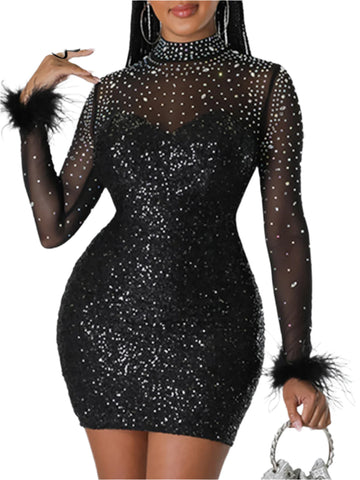 Sexy Black Sequin Bodycon Mini Dress – Sheer Long Sleeve Rhinestone Party Gown for Women, Clubwear, Evening, and Birthday Event Dresses