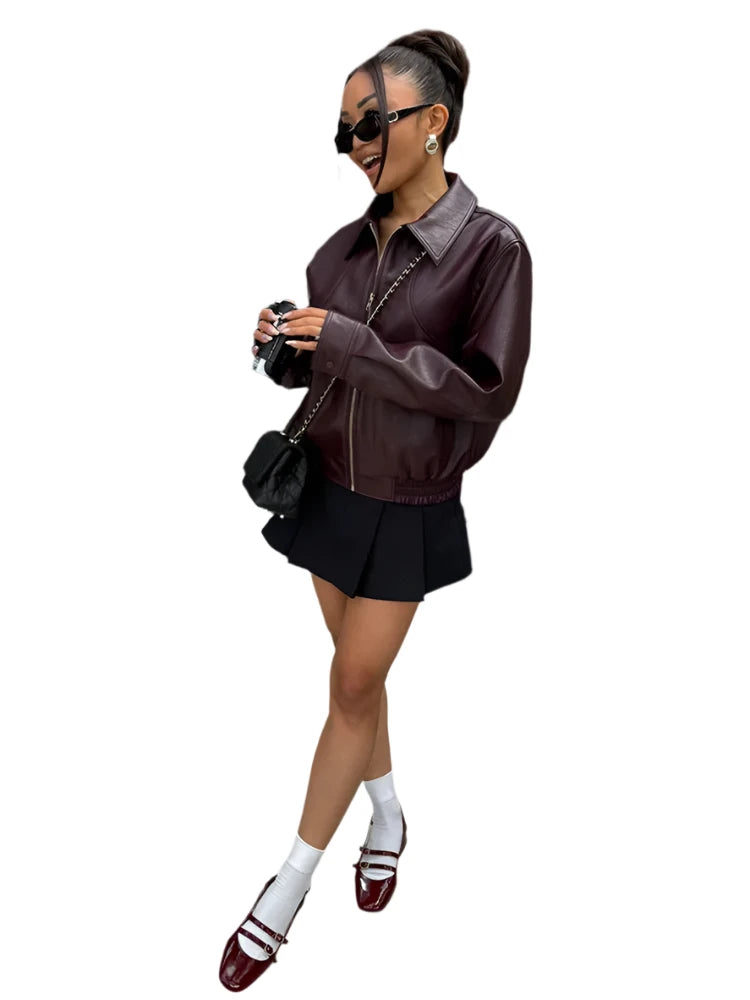 Vintage Solid Color Leather Jacket for Women – Lapel Zipper, Long Sleeve, Short Casual Fall Coat, Street Style