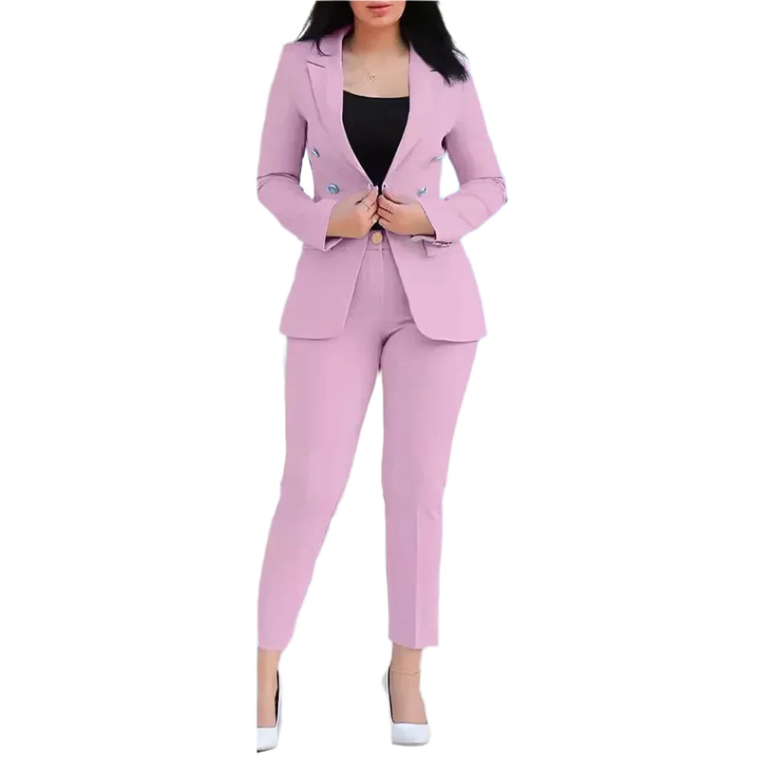 Women's Solid Color 2-Piece Office Set – Blazer Jacket & High-Waist Pencil Pants