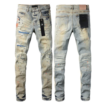 Men's Distressed Skinny Jeans – Street Style Low Rise Denim Pants with Paint & Repair