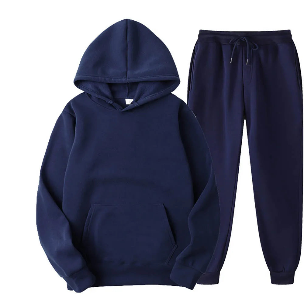 Men's Hooded Tracksuit 2-Piece Set – Sweatshirt & Drawstring Pants Sportswear, Unisex Running Suit for Autumn