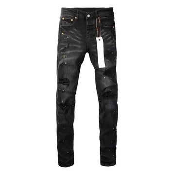 Men’s High-Quality Purple Ripped Jeans – American High Street Retro Straight-Leg Patch Denim