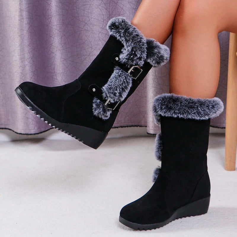 Women's Wedge-Heeled Snow Boots - Fashionable Buckle Design Faux Fur Mid-Calf Comfortable Thicken Plush Winter Boots