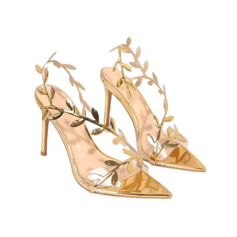 New Summer Women's Stiletto High-Heeled Sandals – Elegant Golden Branch & Jade Leaf Design, Pointed Toe, Chic Party & Evening Shoes