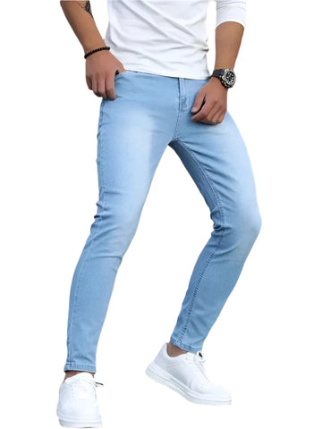 Men's Zipper Stretch Jeans - Classic Casual Slim Fit Denim Trousers, Plus Size Skinny Pencil Pants