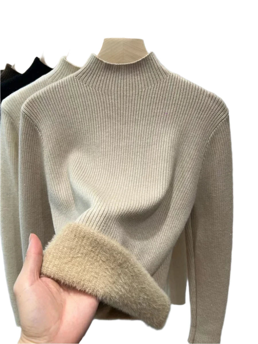 Elegant Turtleneck Winter Sweater for Women - Thick Velvet Lined Warm Slim Fit Knitted Pullover Jumper