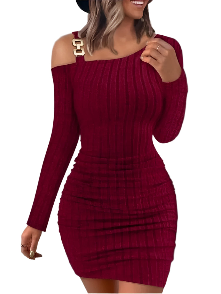 Sexy Off-Shoulder Chain Mini Dress, Women's Autumn Winter Long Sleeve Knitted Bodycon Dress, Slim Fit Fashion Vestidos