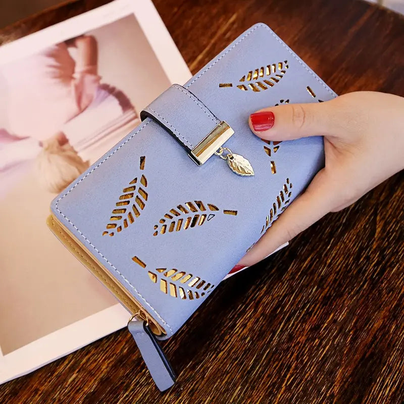 Fashion PU Leather Long Wallet for Women - Gold Hollow Leaves Design, Coin Purse, Card Holders, Clutch Handbag