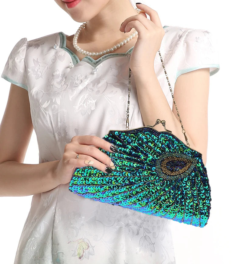 New Retro Beaded Sequined Women's Evening Clutch Bag: Peacock Cheongsam Luxury Designer Handbags, Clutch Purses, Crossbody Handbags