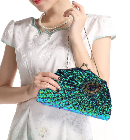New Retro Beaded Sequined Women's Evening Clutch Bag: Peacock Cheongsam Luxury Designer Handbags, Clutch Purses, Crossbody Handbags