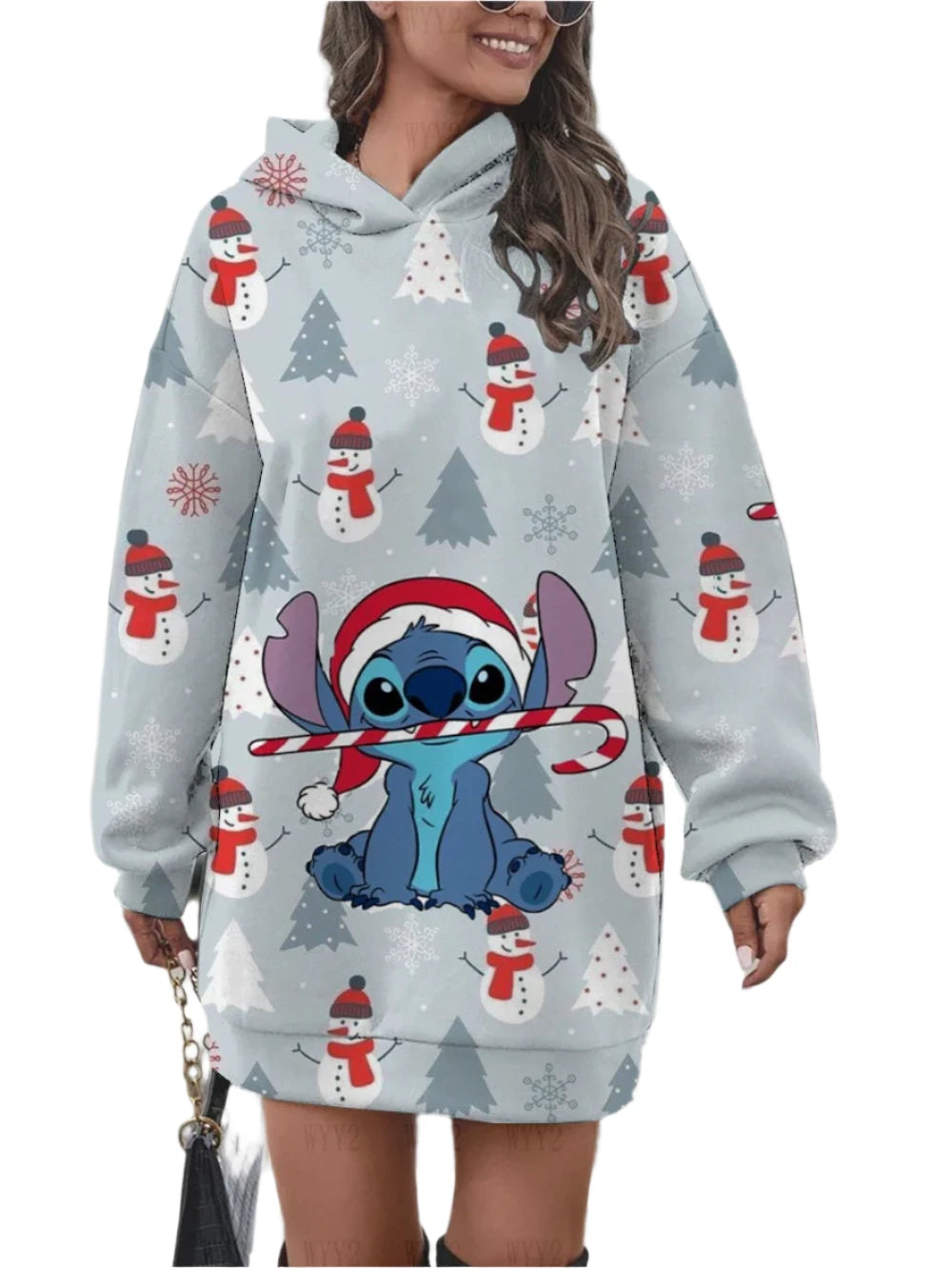 Women's Disney Christmas Stitch Printed Hoodie Pullover Sweatshirt Dress – Casual Fashion Holiday Clothing