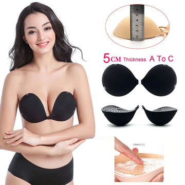 5cm Thick Adhesive Push-Up Bra - Reusable Invisible Silicone Bra with Front Closure & Nipple Tape