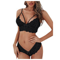 This image features a sophisticated and seductive two-piece lingerie set designed for plus-size women. The set includes a lace floral bralette and a matching thong, both adorned with elegant floral lace detailing.