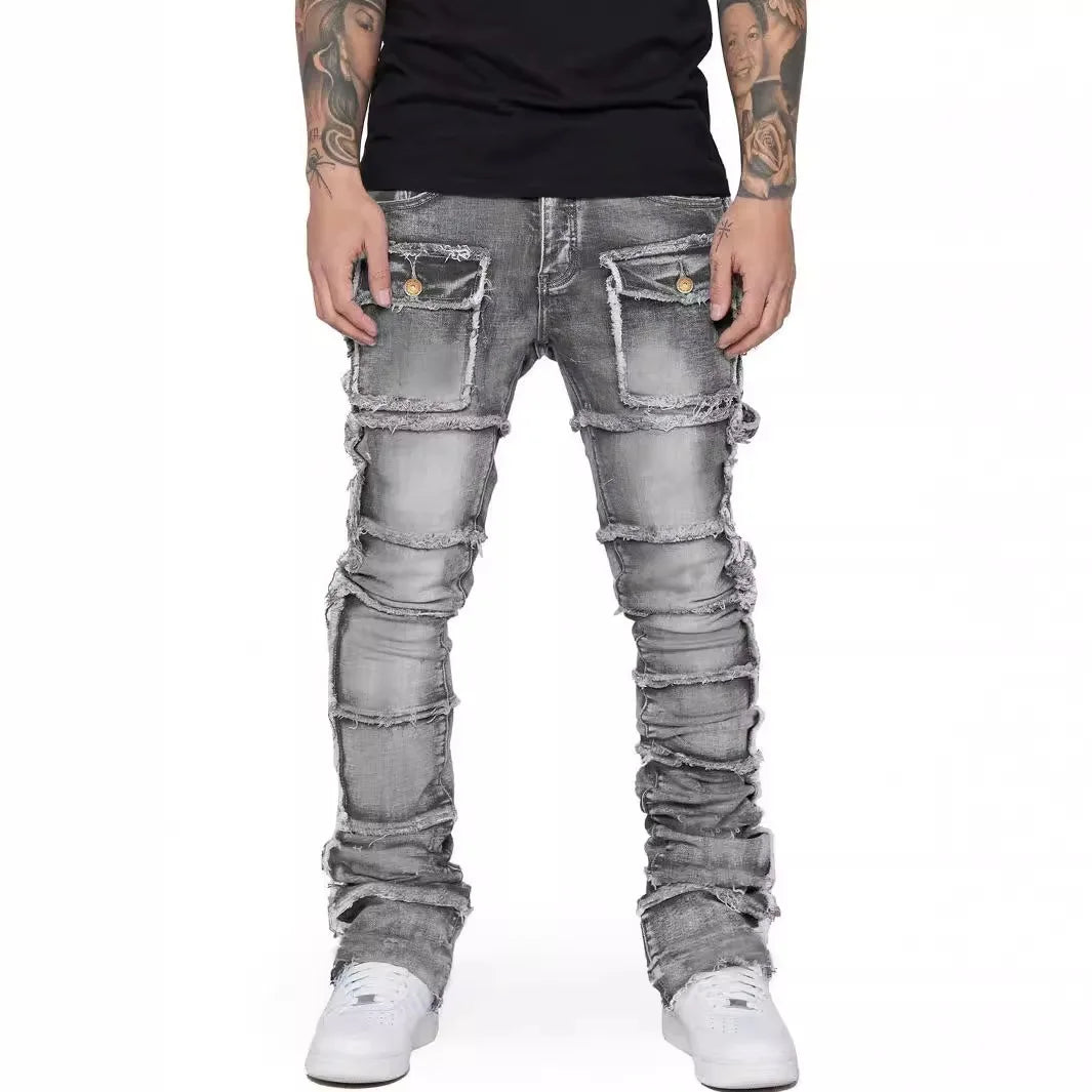 Trendy Men's Jeans – European & American Fashion Workwear with Patch Detail, Elastic Waist, Laminated Fabric, Slightly Flared Denim Pants