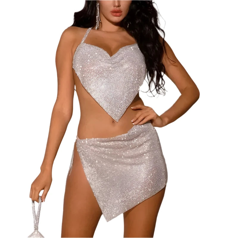 Sparkly Rhinestone 2-Piece Set - Sexy Backless Halter Crop Top & Crystal Side Split Skirt for Women | Rave Festival Outfit