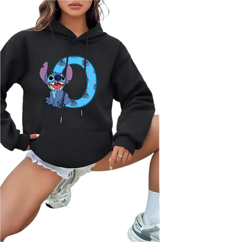 Women's Winter Kawaii Disney Lilo & Stitch Black Hoodie - Cute Lucky Letter Print Jacket, Fashion Streetwear Sportswear for Couples