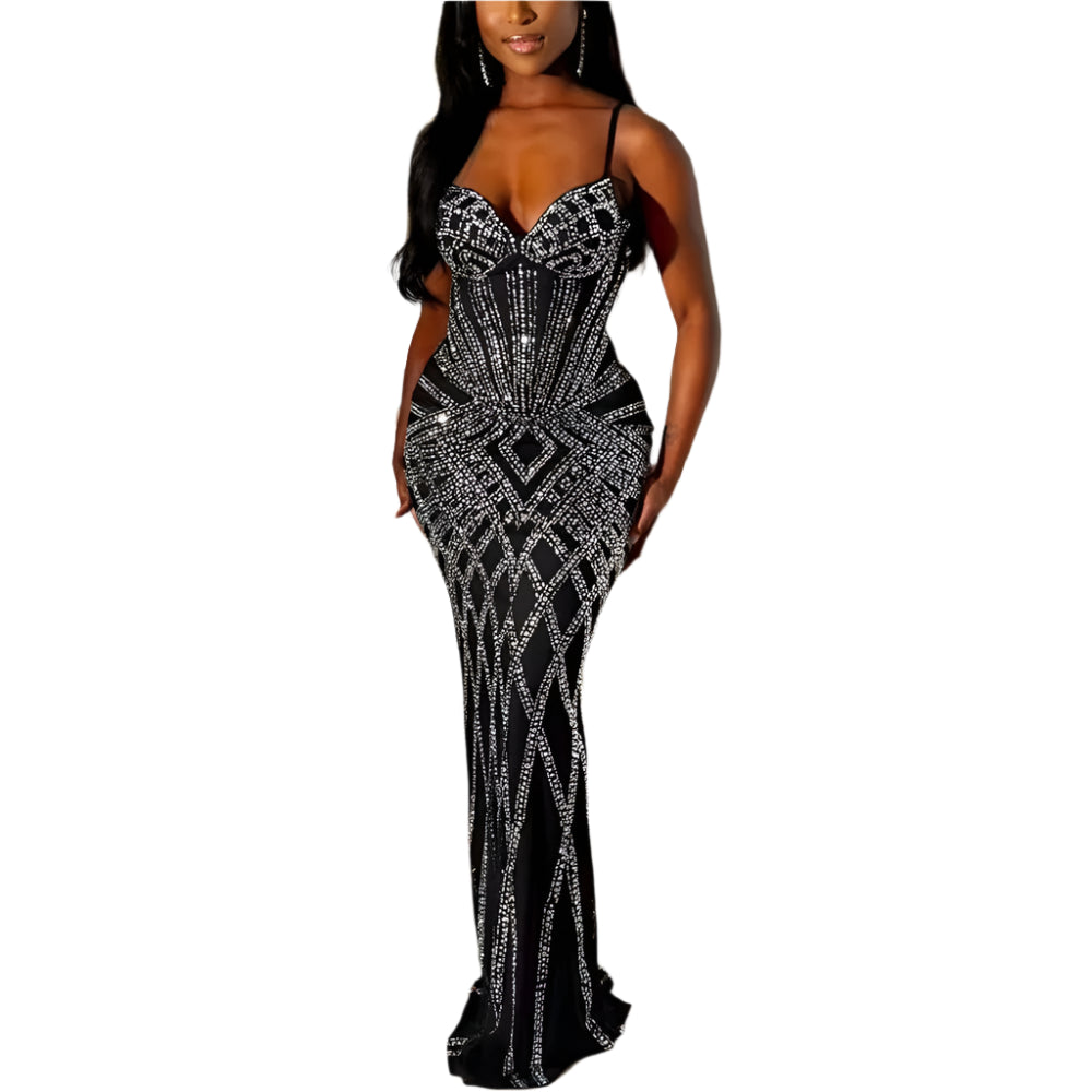 Rhinestone Bodycon Evening Party Dress – V Neck Thin Strap Sleeveless Backless Sexy Clothing for Women