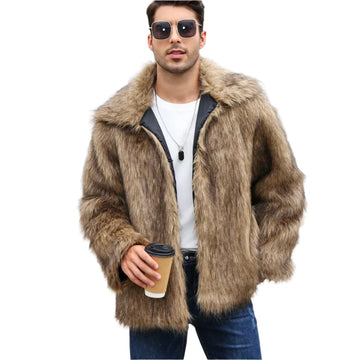 Men's Luxury Faux Fox Fur Jacket - Thick Fluffy Winter Coat with Long Sleeves & Lapel | Warm Shaggy Outerwear Bontjas Jacket