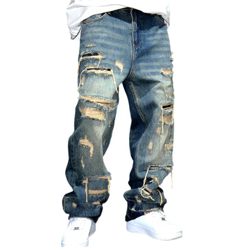 Men’s Baggy Straight Leg Ripped Jeans – Hand-Sewn Patch American Streetwear Skateboard Denim Pants Harajuku Fashion