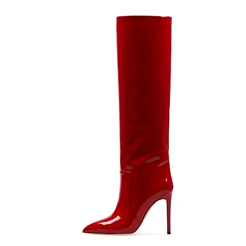 Autumn/Winter Knee-Length Women's Boots - High Heel, Pointed Toe, Patent Leather, Fashion Style, Large Sizes 43