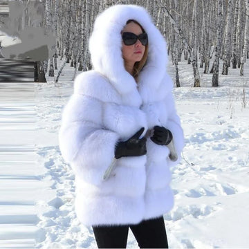 Luxury Women’s Hooded Faux Fur Jacket – Fluffy, Warm Winter Fashion Coat, Stylish Faux Fur Outerwear