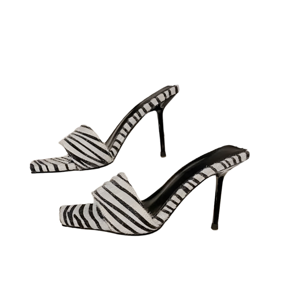 Zebra Print Open-Toe Mules – Black & White Striped Stiletto Heels | Sexy Summer Sandals for Women | Party, Casual, & Dress Shoes