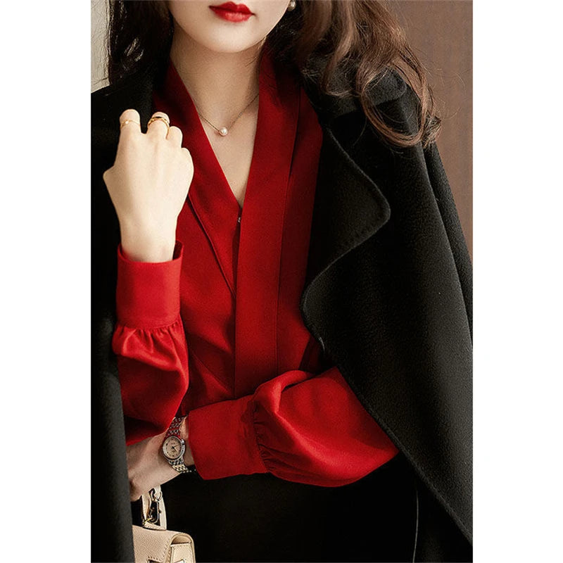 Chic Red V-Neck Blouse for Women - Business Casual Long Sleeve Office Shirt