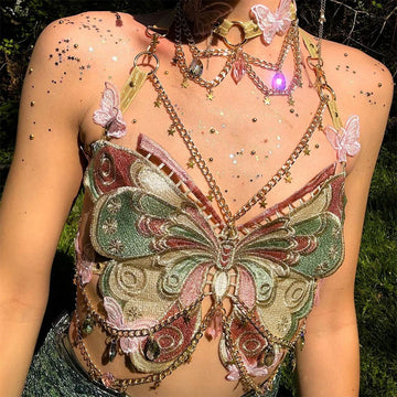 Sexy Backless Top - Crystal Chain Butterfly Embroidery, Adjustable Sleeveless Ultra Short for Music Prom