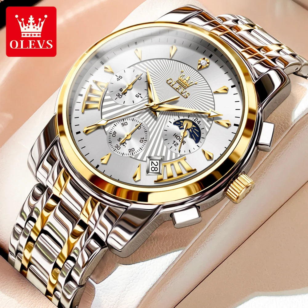 Men’s Luxury Quartz Chronograph Watch – Waterproof Wristwatch with Auto Date, Dual Calendar & Moon Phase
