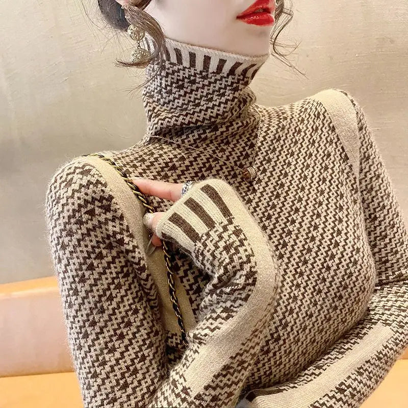 Elegant Women's Striped Pullover Sweater - Y2K Slim Fit Mock Neck Casual Chic Office Lady Top for Spring & Autumn