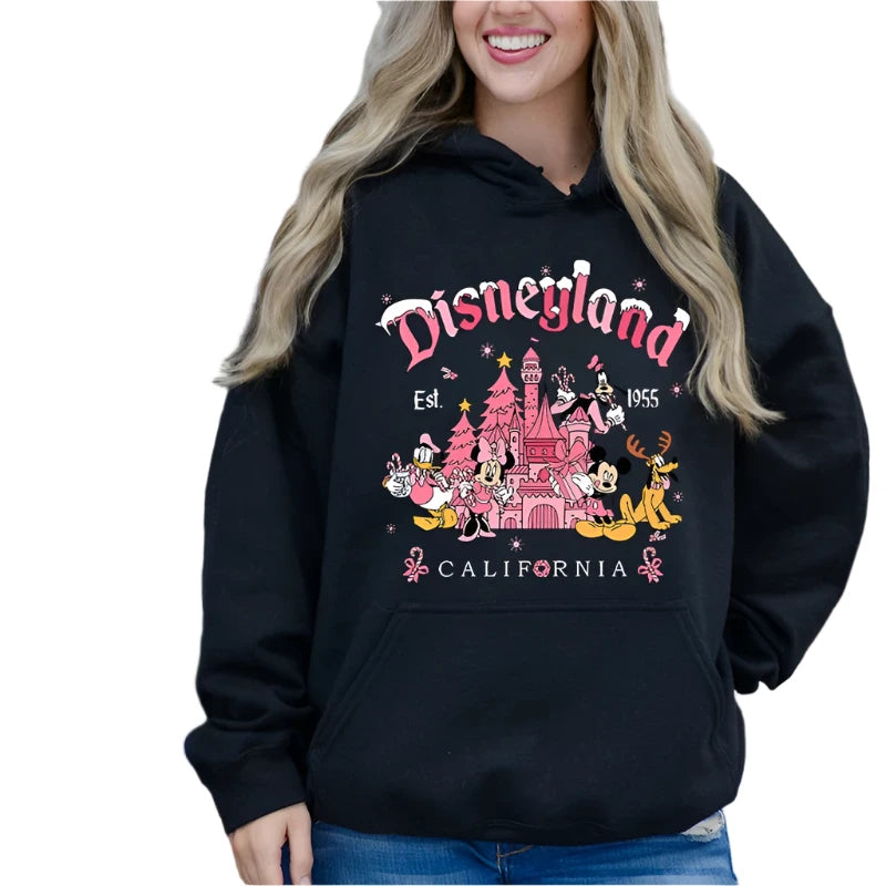 Women's Disney Christmas hoodie - Mickey Mouse & Donald Duck print, loose-fit black fleece sweater, casual holiday sportswear top for adults