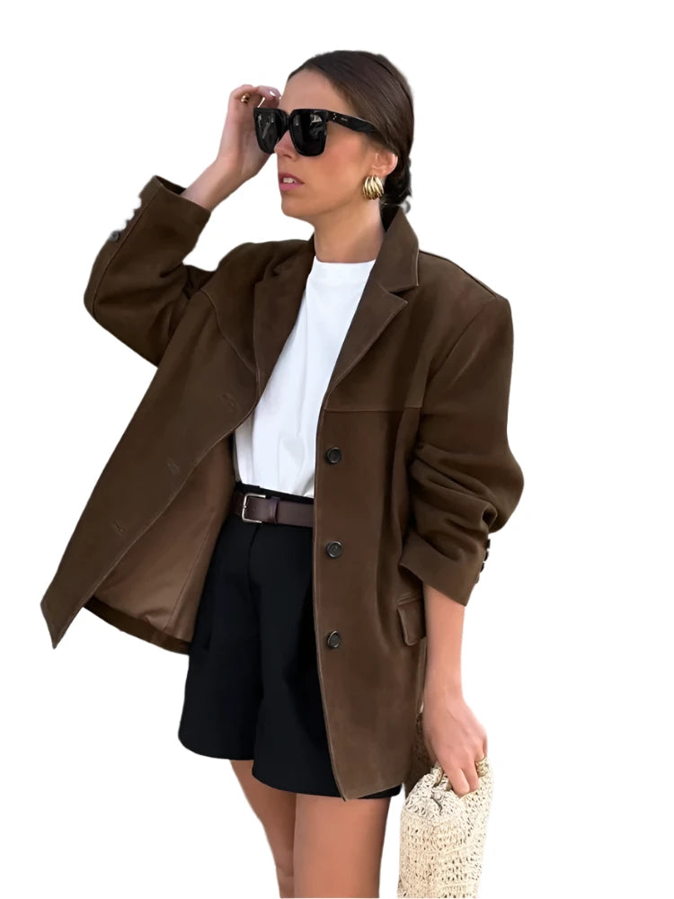 Women's Brown Single-Breasted Blazer – Double Pocket, Long Sleeve Short Coat for Autumn High Street Fashion