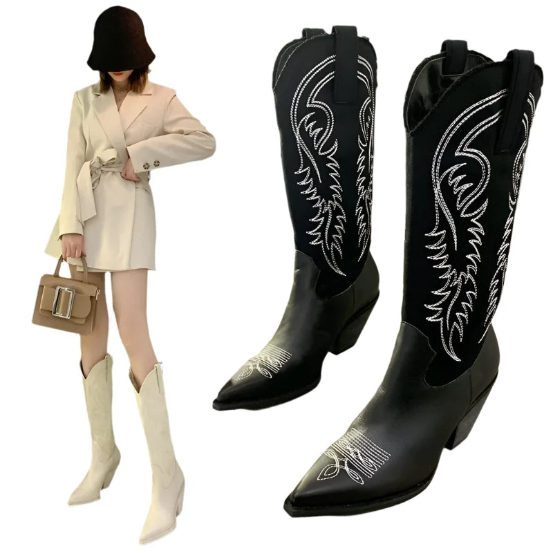 Women's Retro White Cowboy Boots - Pointed Toe, Knee-High Knight Boots with Thick Heels