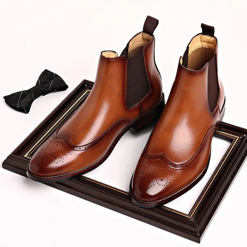 Men's Retro Chelsea Boots - Brogue Leather Ankle Boots, British Style Casual Business Shoes