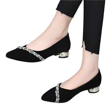 Women's Black Pointed-Toe Career Shoes – Medium Heels with Rhinestone Crystals for Work & Elegance