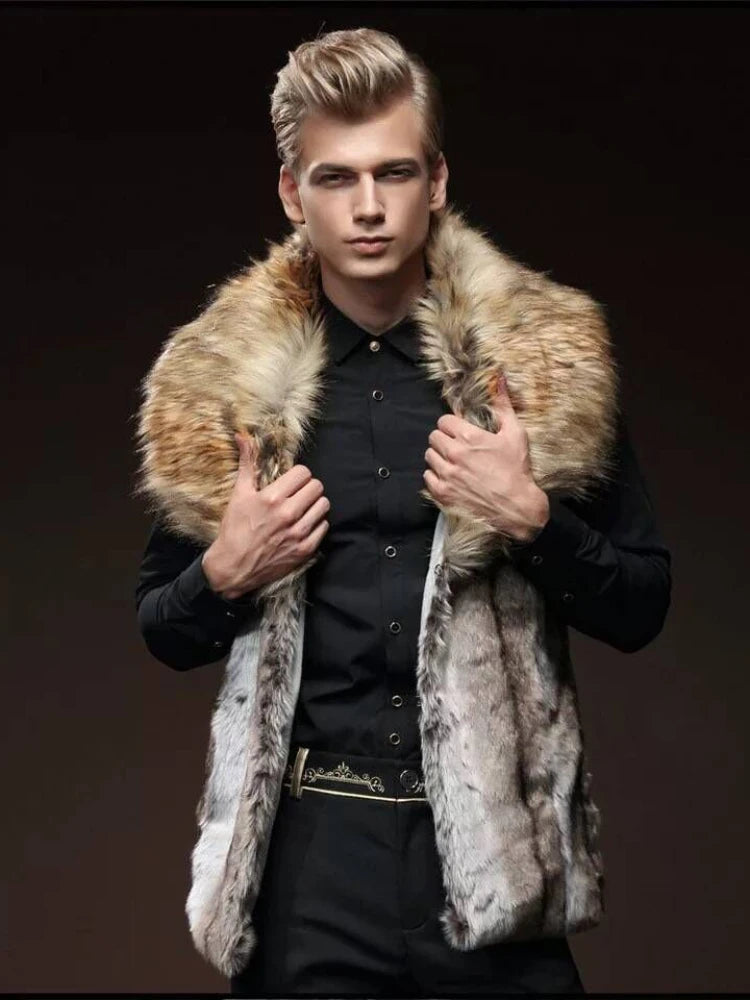 Men's Slim Fit Faux Fur Vest - Lapel Big Fur Collar Short Waistcoat | Brown Leather Jacket for Winter Warmth