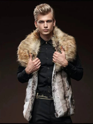 Men's Slim Fit Faux Fur Vest - Lapel Big Fur Collar Short Waistcoat | Brown Leather Jacket for Winter Warmth