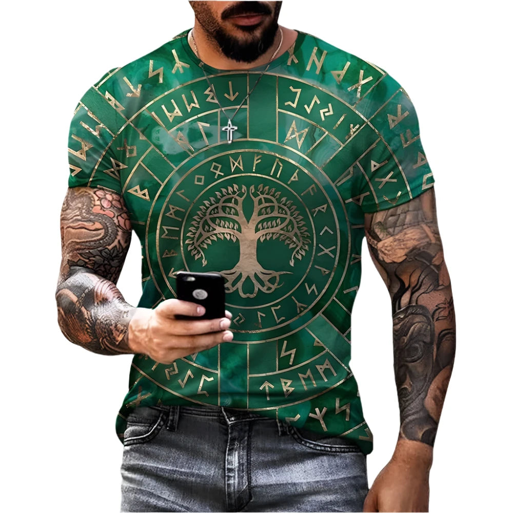 Men & Women Viking Tattoo 3D Print T-Shirt – Hip Hop Style Short Sleeve Top for Summer, Fun Design for Women and Kids