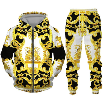 Men’s Luxury 3D Gold Pattern Tracksuit Set – Zip Hoodie & Pants, Oversized Casual Fashion