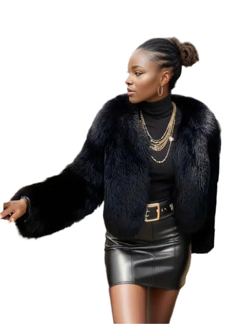 Elegant Black Imitation Fox Fur Jacket – Classic Warm Coat for Fashion-Forward Women