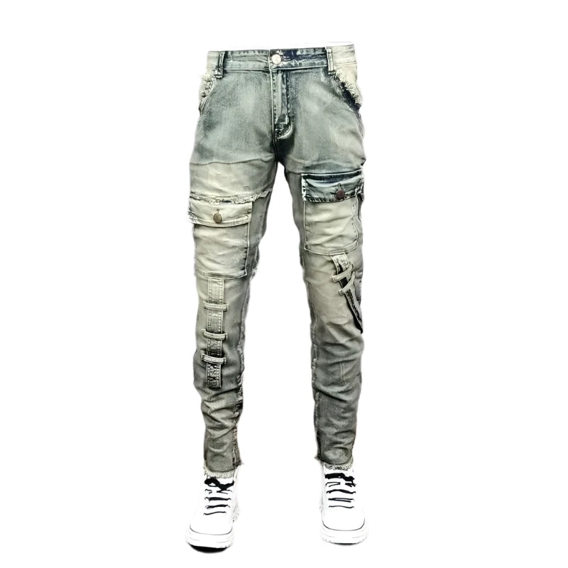 Men’s Vintage Slim Cargo Jeans – Broken Denim Patch Skinny Pants for Autumn Winter Fashion