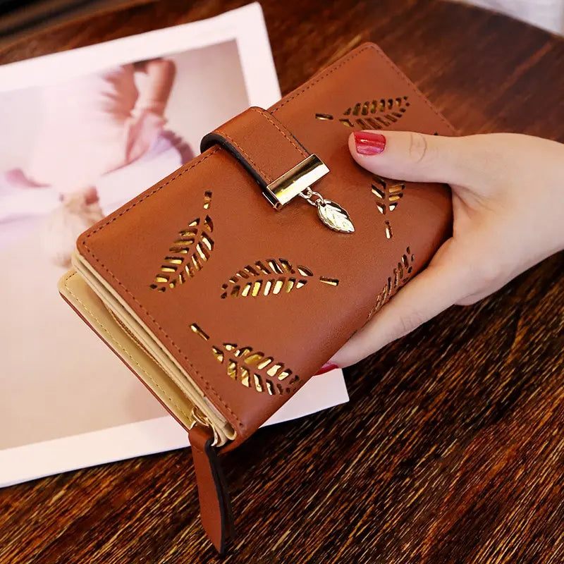 Fashion PU Leather Long Wallet for Women - Gold Hollow Leaves Design, Coin Purse, Card Holders, Clutch Handbag