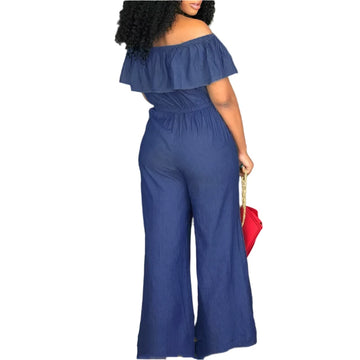 2025 Women's Casual Denim Slash Neck Ruffle Jumpsuit with Back Zipper - Autumn Fashion