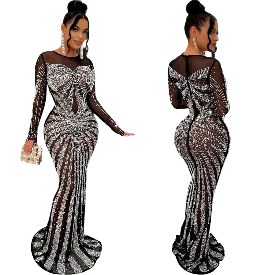 Women’s Mesh Bodycon Dress – Floor-Length Diamond White Sheath Gown with Splice Drilling Design, Elegant & Sexy Vestidos