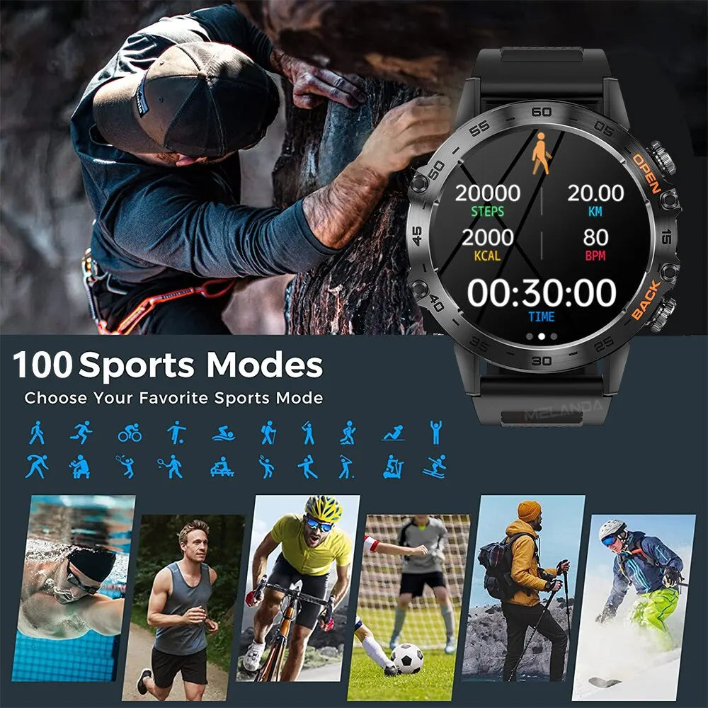 Sleek men’s smartwatch fitness tracker showing 100 sports modes, waterproof design, step count, calories, heart rate, and activity tracking for running, cycling, swimming, and outdoor sports
