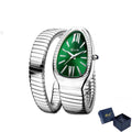 Sleek snake shape watch for women with silver expandable bracelet, green dial, Roman numerals, diamond bezel, and luxury glow design on a white background