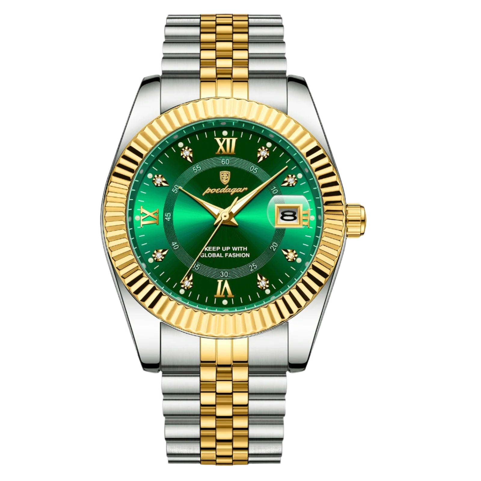 Sleek men's stainless steel wristwatch with a green dial, gold case, and a silver band. Features include a luminous date display and waterproof design.
